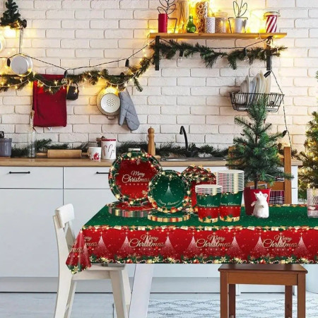 Fata de Masa Festiva, Flippy, Dreptunghiulara, Imprimeu Merry Christmas, Tema Craciun, Rezistenta la Apa, din PVC, 137 x 274 cm, Rosu/Verde