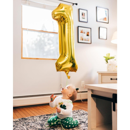 Balon din Folie Metalizata Flippy, Figurina Cifra, Tema Aniversare 40 cm, Ambalaj Individual, Pai inclus, Umflare cu Aer sau Heliu, Auriu, Cifra 1