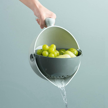 Bol cu Doua Straturi, Flippy, pentru Fructe, Legume, cu Cos de Scurgere a Apei, 2L, din ABS+PP, 29.9 x 22.5 x 11.8 cm, Verde