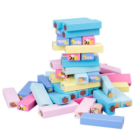 Joc de Societate, Flippy, pentru Copii, din Lemn, Interactiv, Distractiv, Jenga Stack High Blocks, cu Zar, 51 de Piese Animate, 24.5x18x5 cm, Multicolor