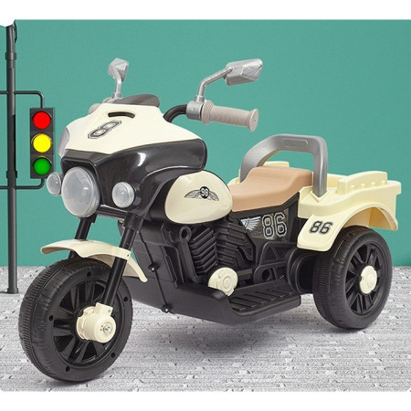 Motocicleta Electrica Flippy, cu Acumulator, cu Sistem Anti-Rasturnare, Sistem de Lumini si Muzica, Cutie de Depozitare, 1-8 Ani, 93 x 43 x 58 cm, Alb - Bej