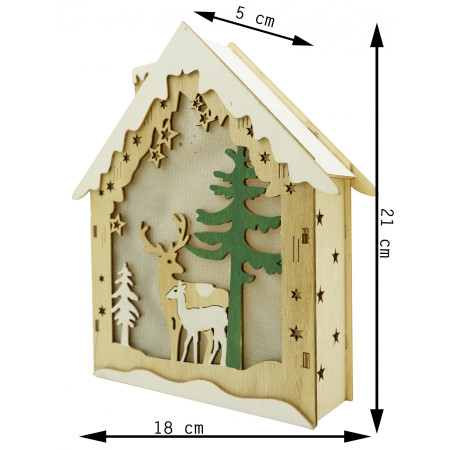 Decoratiune luminoasa, model de  Casa cu Reni, maro, lungime: 18 cm, latime: 5 cm, inaltime: 21 cm, lemn, interior/exterior