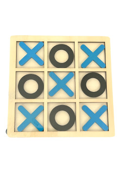 Jucarie Montessori Tic Tac Toe, Flippy, Educativa, Interactiva, din lemn, X si O, 9 Piese, 14.3x14.3 cm, Albastru Negru