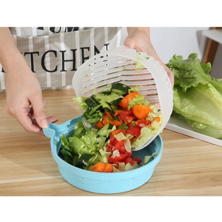 Bol Feliator pentru Salata, Flippy, Castron Multifunctional pentru Legume si Fructe, pentru Spalat si Taiat Legumele, cu Scurgere si Tocator, Ergonomic, Protectie pentru Maini, 21x18.5x11.5 cm, Albastru