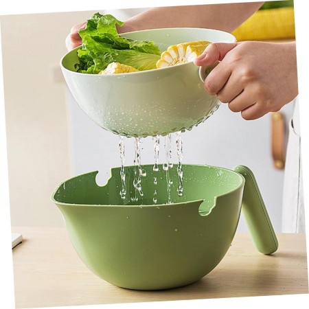 Bol cu Doua Straturi, Flippy, pentru Fructe, Legume, cu Cos de Scurgere a Apei, 2L, din ABS+PP, 29.9 x 22.5 x 11.8 cm, Verde-Alb