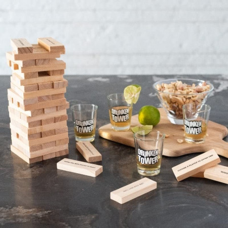 Joc de Baut Jenga Flippy, Turnul Betivului din Lemn, Piese cu Provocari, Pahare de Shot din Sticla Incluse, 19 x 7 x 20 cm