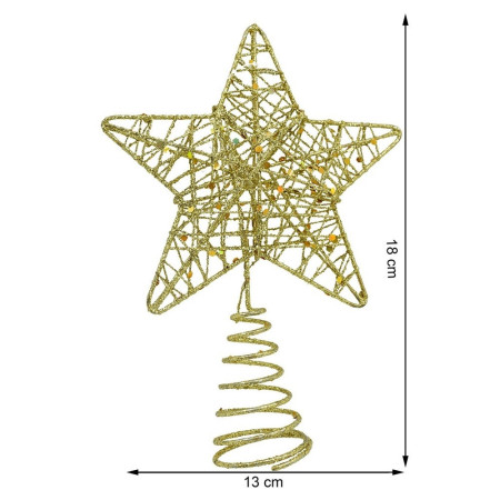Varf decorativ de brad, Auriu, in forma de Stea, design cu paiete, din Plastic/Metal, 13 cm x 18 cm, diametru 4 cm, Interior/Exterior, Flippy