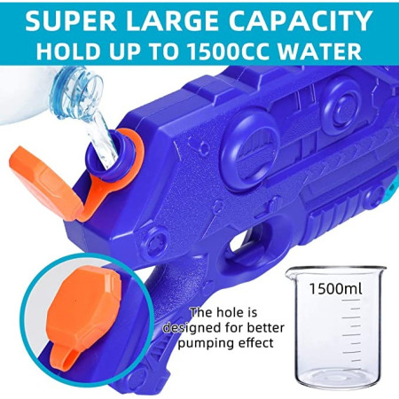 Pistol cu Apa pentru Copii, Rezervor de 1500 ml, Maner de transport, Pentru Piscina/Plaja, Flippy, 3 ani+, Bleumarin, Lungime 44 cm