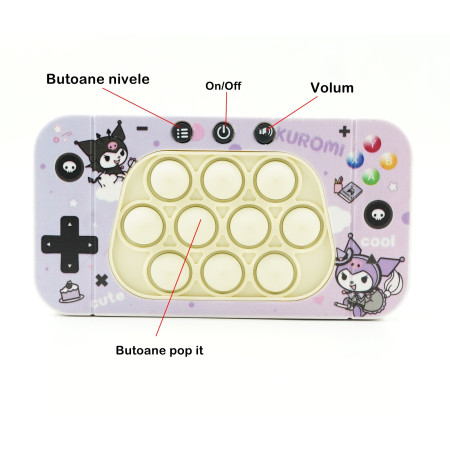 Jucarie interactiva tip consola pentru copii Flippy, speed push whack-a-mole, joc de viteza pop it, material ABS/silicon, cu nivele, sunete si lumini, 15.5 x 7.6 x 5.3 cm, model elfi, mov