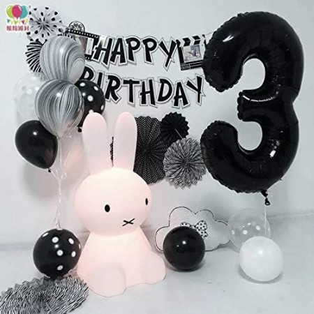 Balon din Folie Metalizata, Flippy, Figurina Cifra, Tema Aniversare 80 cm, Ambalaj Individual, Pai inclus, Umflare cu Aer sau Heliu, Negru, Cifra 3