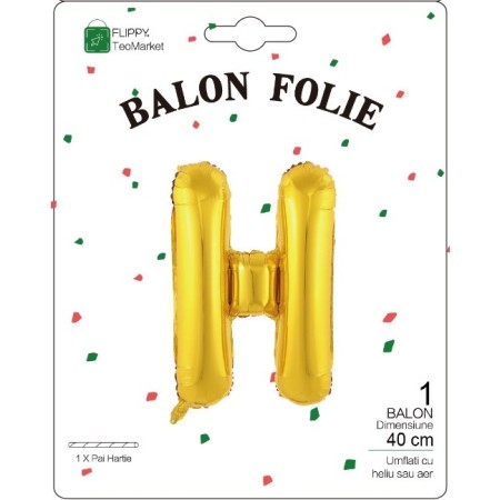 Balon Folie Metalizata Litera H, Flippy, 40 cm, Umflati cu Heliu sau Aer, Ambalaj Individual, Pai inclus, Auriu