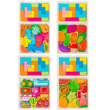 Puzzle Montessori din Lemn pentru Copii, Flippy, Tip Tetris 2in1 +3 Ani, cu Animale Marine Colorate 3D, Educativ, Intuitiv, Creativ, 21 de Piese, 28.5x17x1.2 cm, Multicolor