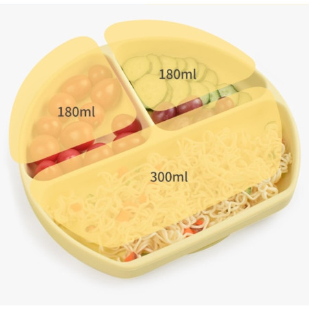 Set 5 piese diversificare bebelusi si copii din silicon Flippy, baveta, farfurie compartimentata cu ventuza, bol cu ventuza, tacamuri, fara alergeni, galben