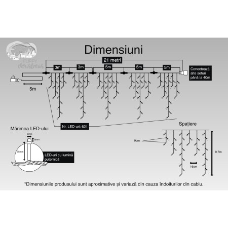 Instalatie Craciun, 21 m, 621 Led-uri ,Franjuri, Alb cald, 8 jocuri de lumini, Transformator cu telecomanda, Interconectabila, Prelungitor 5 m inclus, Fir Transparent, Flippy