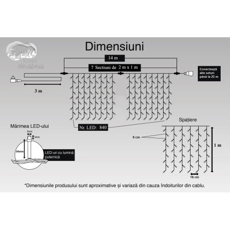 Instalatie Craciun, Tip Perdea, IP44, 14 m x 1 m, 840 LED-uri, Albastru, 8 jocuri de lumini, Transformator, Interconectabila, Prelungitor 3 m inclus, Fir transparent, Interior/ Exterior, Flippy