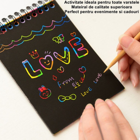 Caiet cu fise razuibile Flippy, DIY Magic Scratch, 12 File, Curcubeu, Creion din Lemn, Cartonase negre, 14.5 x 10 cm, portocaliu