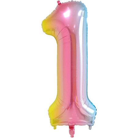 Balon din Folie Metalizata Gradient Flippy, Figurina Cifra, Tema Aniversare 100 cm, Ambalaj Individual, Pai inclus, Umflare cu Aer sau Heliu, Multicolor, Cifra 1