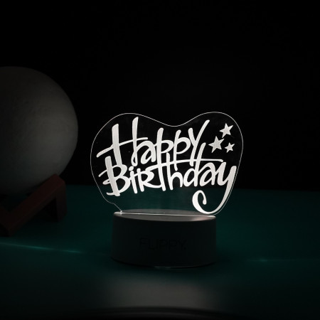 Lampa LED decorativa, Flippy, 3D, Happy Birthday, cu USB si baterii, 20 cm inaltime, din material acril, lumina multicolora si telecomanda inclusa, alb