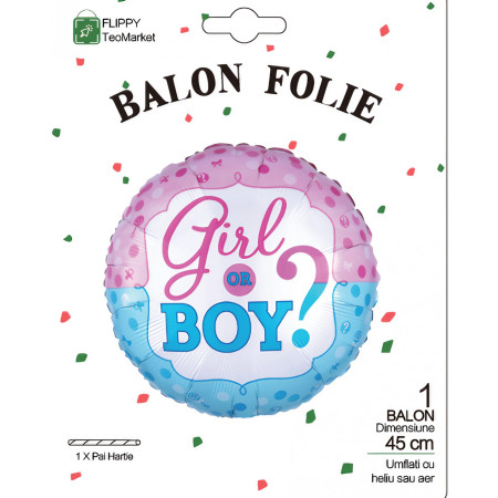 Balon din Folie Metalizata, Flippy, Figurina Rotunda, Model Girl or Boy, Tema Gender Reveal, 45 cm, Ambalaj Individual, Pai Inclus, Umflare cu Aer sau Heliu, Albastru/Roz