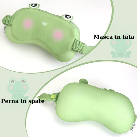 Masca de dormit, Flippy, 2 in 1, cu Tetiera, din Particule de Spuma si Bumbac, Model Broasca ,Verde