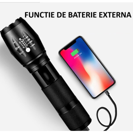 Lanterna Power Bank LED, Flippy, Incarcare USB, Raza 300m, 5W, Model T9 Telescopic 14.7 -15.7 cm, Functie Zoom si Incarcare Telefon, Negru