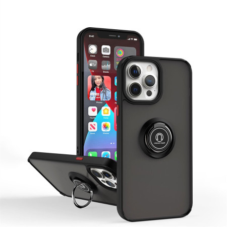 Husa Anti Fall Metal Bracket pentru Apple iPhone 11, Rezistenta la socuri, Margini colorate, Cu inel de prindere magnetic, Flippy, Negru