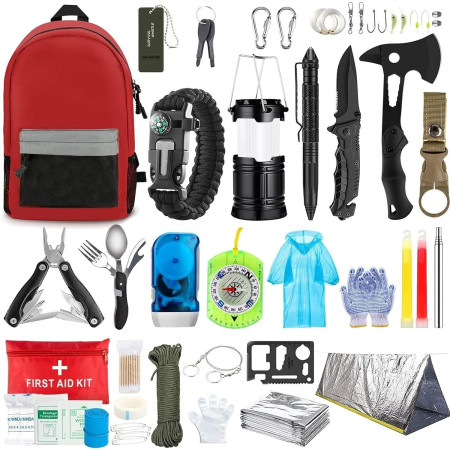 Kit supravietuire multifunctional Flippy, Instrumente profesionale, Agatatoare ghiozdan, pentru Camping, Drumetii, Aventuri in aer liber, borseta inclusa, gri