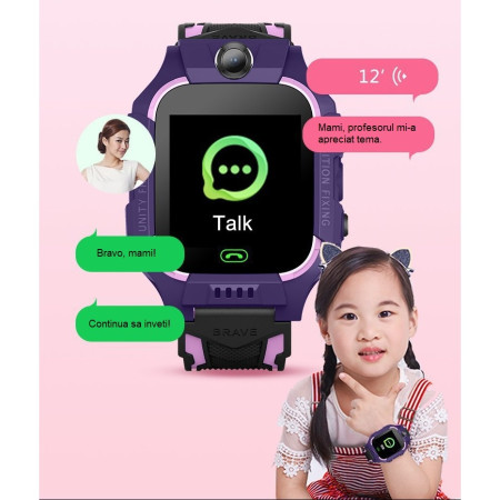 Ceas Smartwatch Flippy, Pentru Copii, Model Q19 Z6, Localizare LBS, Istoric Traseu, Monitorizare Spion, Camera Foto, Lanterna, Chat Vocal, Apel SOS, Roz/Mov