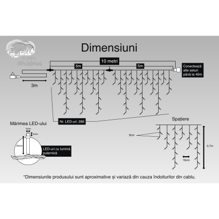 Instalatie Craciun, 10 m, 286 Led-uri ,Franjuri, Albastru, Flash, Transformator cu telecomanda, Interconectabila, Prelungitor 3 m inclus, Fir Transparent, Flippy