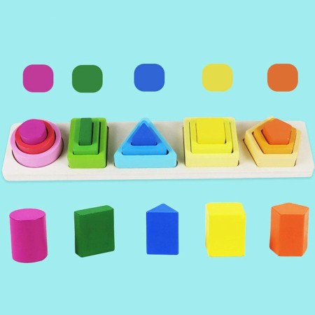 Jucarie Montessori din Lemn, Flippy, Tip Puzzle, cu 5 Forme Asimetrice, 15 Piese, Educativa, Interactiva, Creativa, Model Forme Geometrice, Materiale Non Toxice, pentru Copii peste 2 Ani, Baza 29x6.5 cm, Multicolor