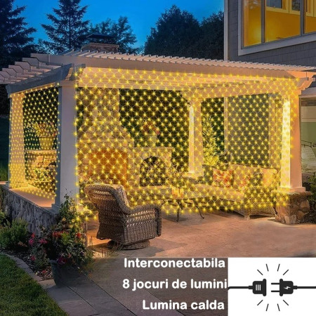 Instalatie Craciun Yoto, Tip Plasa, 2 m x 2 m, 160 LED-uri, Prelungitor 1.5 m, 8 Jocuri de Lumini, Interconectabila, Fir transparent, Interior/Exterior, Alb Cald