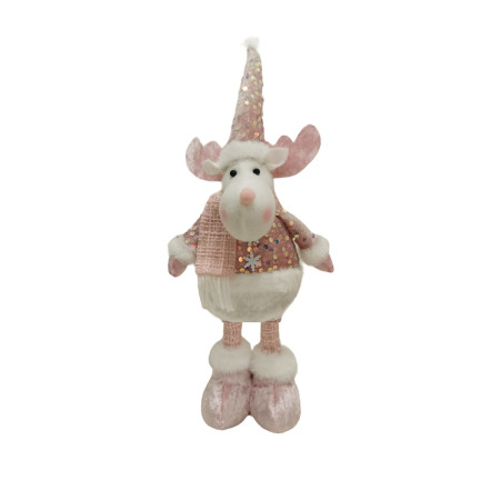 Figurina Decorativa, Pentru Craciun, Flippy, Ren, Picioare Telescopice, Inaltime Reglabila 44-54cm, Bluza cu Paiete, Roz