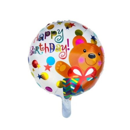 Balon din Folie Metalizata, Flippy, Mini Figurina Rotunda, Model Happy Birthday Ursulet, Tema Aniversare, 45 cm, Ambalaj Individual, Pai inclus, Umflare cu Aer sau Heliu, Maro