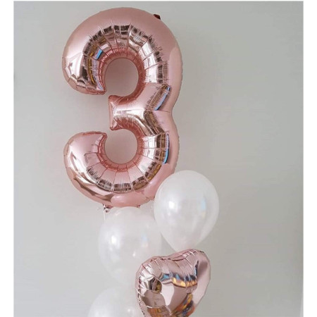 Balon din Folie Metalizata Flippy, Figurina Cifra, Tema Aniversare 40 cm, Ambalaj Individual, Pai inclus, Umflare cu Aer sau Heliu, Rose Gold, Cifra 3