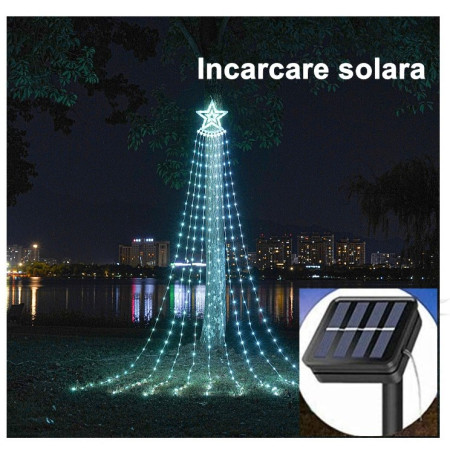 Instalatie Luminoasa Tip Perdea pentru Pomul de Craciun, cu Stea Luminoasa, 350 LED-uri, incarcare solara, pentru exterior, lumina rece, Tree Dazzler