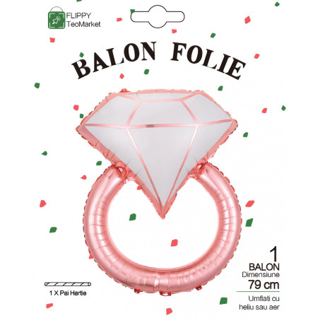 Balon din Folie Metalizata, Flippy, Figurina Inel de Logodna, Model Diamant, Tema Nunta, 60 cm, Ambalaj Individual, Pai Inclus, Umflare cu Aer sau Heliu, Roz