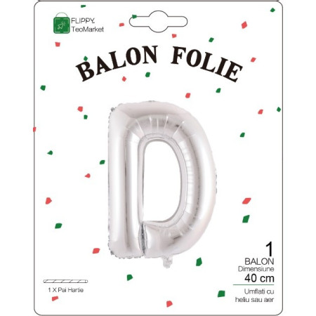 Balon Folie Metalizata Litera D, Flippy, 40 cm, Umflati cu Heliu sau Aer, Ambalaj Individual, Pai inclus, Argintiu