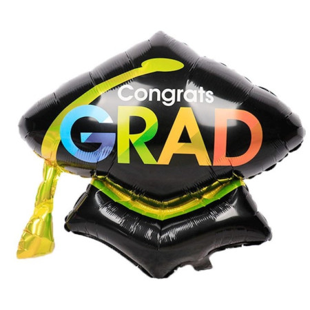 Balon din Folie Metalizata, Flippy, Figurina, Model Toca Congrats Grad, Tematica Absolvire,  66x66 cm, Ambalaj Individual, Pai Inclus, Umflare cu Aer sau Heliu, Negru