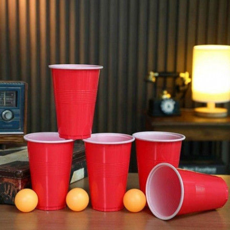 Joc de baut Beer Pong Flippy, 24 Pahare, 24 Mingi, material plastic, reutilizabil, portabil, rosu