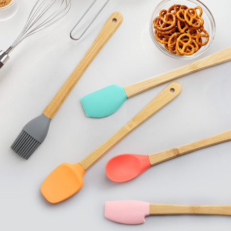 Set 5 Mini Spatule de Silicon Flippy, pensula, Stejar, Multicolor