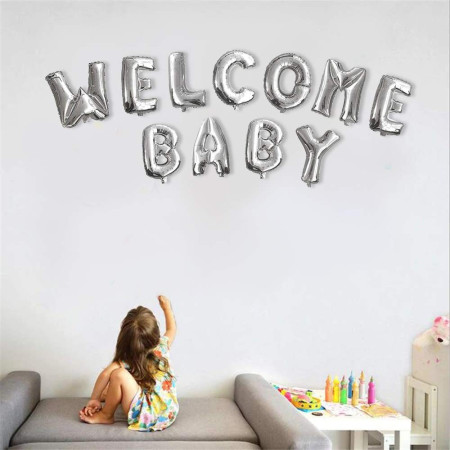 Set Baloane din Folie Metalizata, Flippy, Figurine Litere, Model Welcome Baby, Tema Aniversare, 40 cm, Ambalaj Individual, Pai inclus, Umflare cu Aer sau Heliu, Argintiu