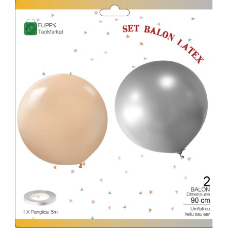 Set 2 Baloane din Latex, Flippy, Model Party Jumbo, 90 cm, Auriu Argintiu, 35 g