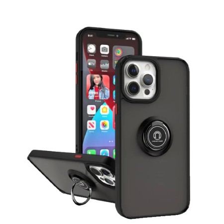 Husa Anti Fall Metal Bracket pentru Apple iPhone 14, Rezistenta la socuri, Margini colorate, Cu inel de prindere magnetic, Flippy, Negru