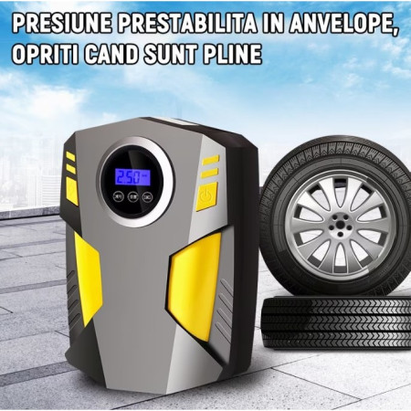 Compresor Auto Portabil cu Lanterna si Afisaj Electornic Flippy, DC 12V, 120W, 35L/min, Cablu de alimentare 3m, Pompa Biciclete, Moto, Mingi, Saltele, Max 10.3bar, lumina LED, Negru