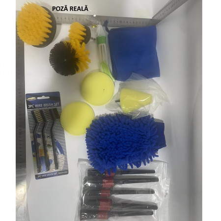 Set 17 Accesorii pentru Curatare Auto, Flippy, Interior si Exterior, 4 Capete pentru Bormasina, 5 Pensule, 3 Perii, 1 Laveta, 1 Manusa, 1 Perie Tripla Grilaj, 2 Bureti, Multicolor