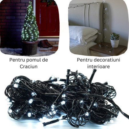 Instalatie de Craciun liniara Yoto, 24 m, din care 1 m cablu priza 220V, 300 LED, 8 jocuri de lumini, controler, fir negru, alb rece