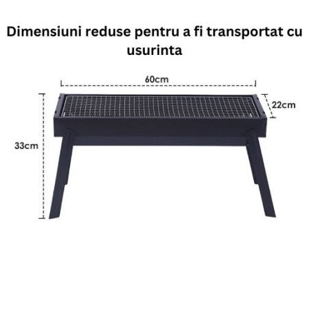 Gratar Portabil, Flippy, Confectionat din Metal, pentru Picnic, Gradina, Terasa, Camping, Dimensiuni Reduse, 60x22x23 cm, Negru