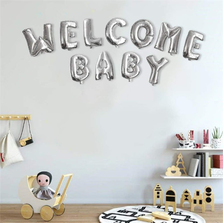 Set Baloane din Folie Metalizata, Flippy, Figurine Litere, Model Welcome Baby, Tema Aniversare, 40 cm, Ambalaj Individual, Pai inclus, Umflare cu Aer sau Heliu, Argintiu