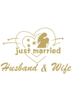 Sticker Autocolant, Flippy, Tematica Nunta, Model Indragostiti, cu Scris Just Married Husband&Wife, 21x29 cm, Auriu