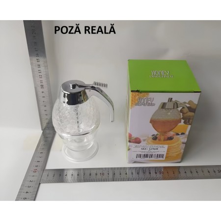 Dozator de Miere, Flippy, Dispenser fara Picurare, Borcan Tip Fagure, fara Scurgeri, pentru Zahar si Sirop, 15x8 cm, Transparent